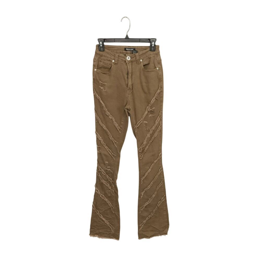 RED FOX Womens Stacked Frayed Brown Flare Pants Jeans Small Distressed Stretch